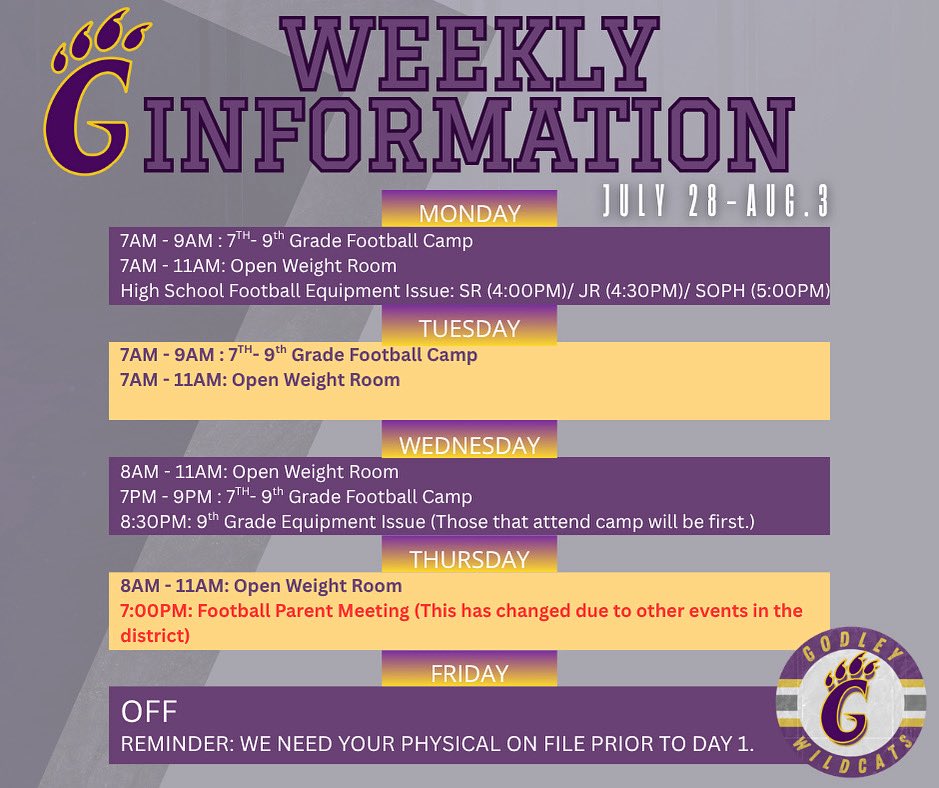 gwildcatfball's tweet photo. Weekly Information for July 28-Aug. 3. #WeOverMe #TGW https://t.co/sx1BmODeV2