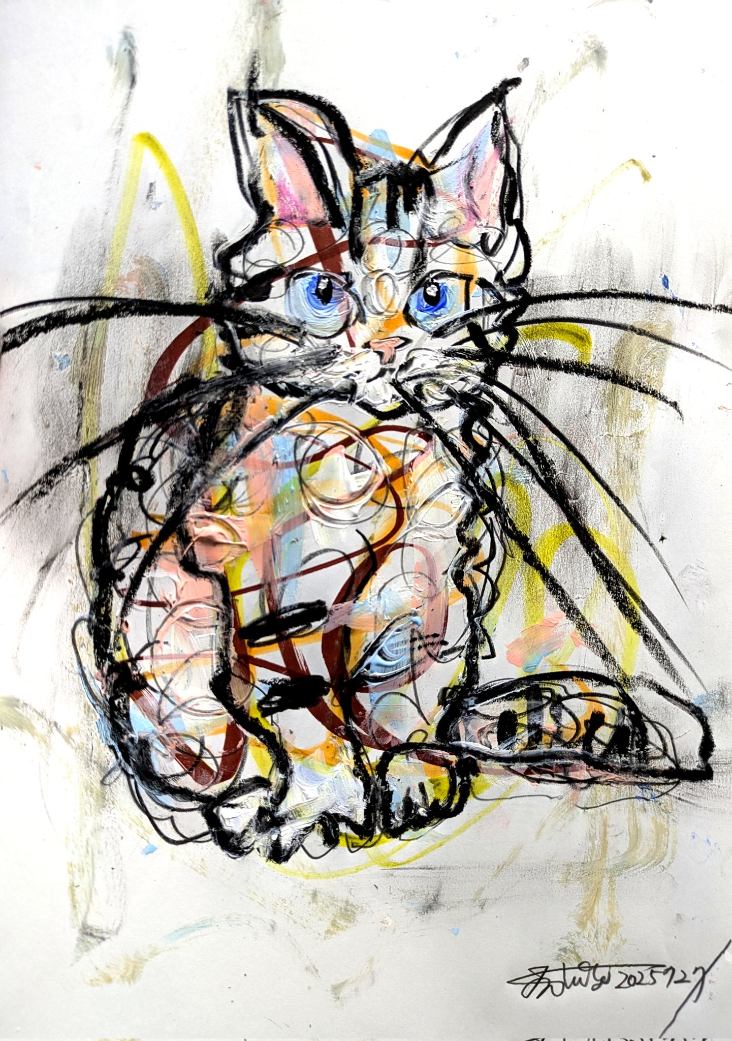 一番人気❗️今年ラス1❕️手作り額付き銅版画応用絵画　「きらめきニャンコ」 一番人気❗️今年ラス1❕️手作り額付き銅版画応用絵画 「きらめき