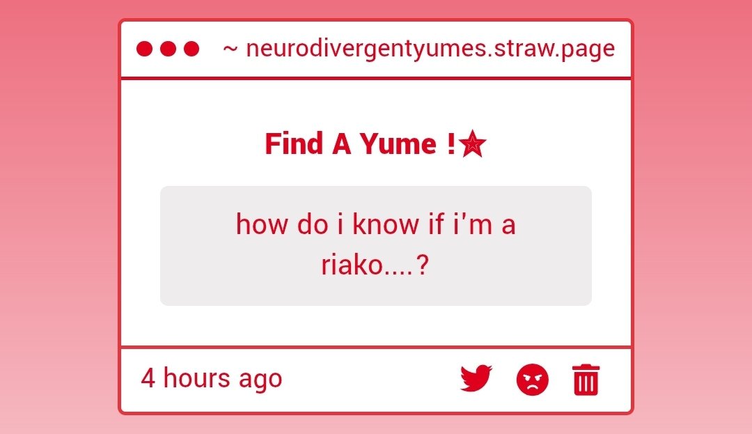 neurodivyume's tweet image. Question ✧
" how do i know if i'm a riako....? "