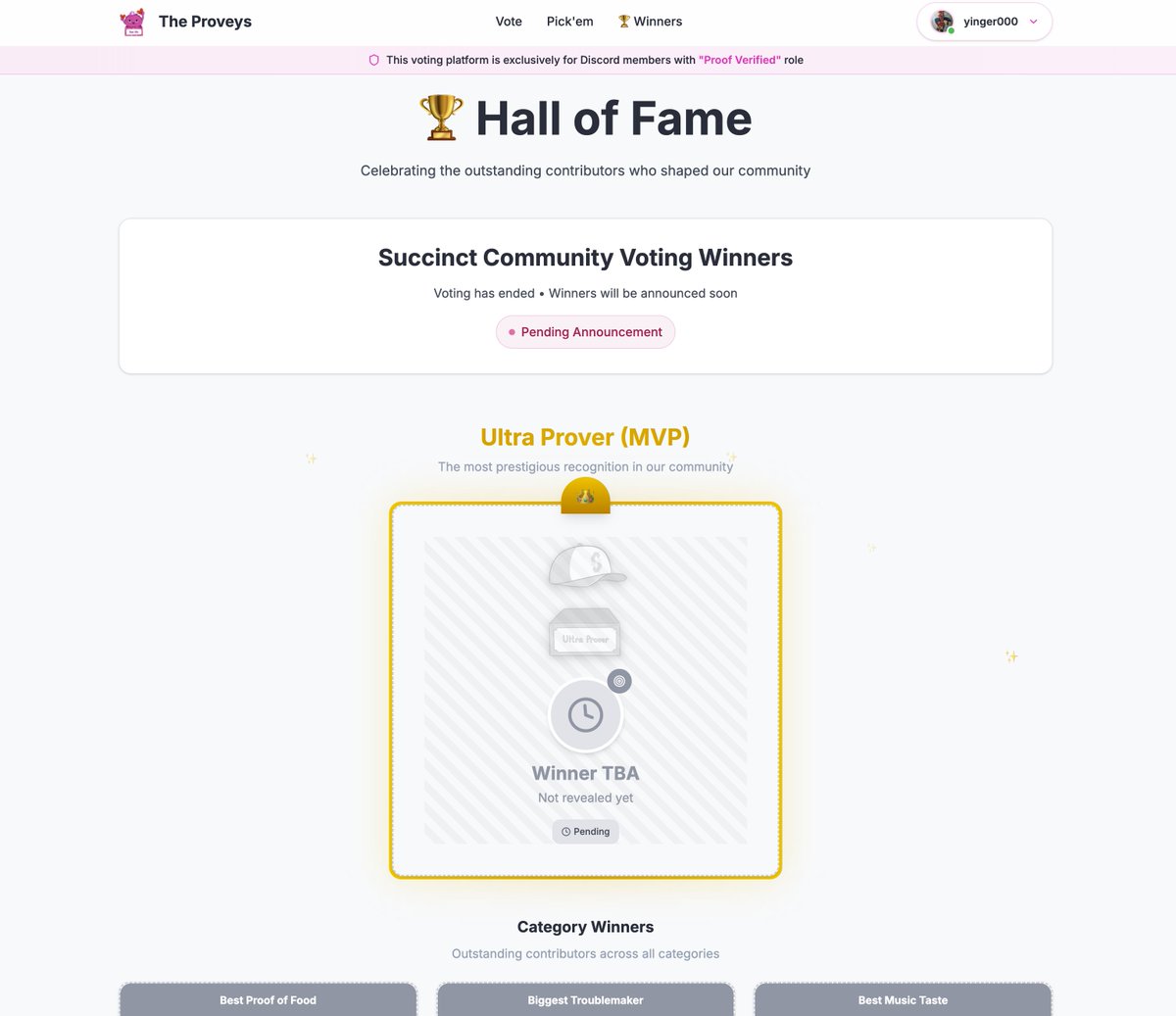 The voting phase has completed!

See you all at The Proveys Award Show is happening on July 28 (in 8 hours) hosted in the <a href="/SuccinctLabs/">Succinct</a> Discord server!

We will be announcing the winners live. 🥳