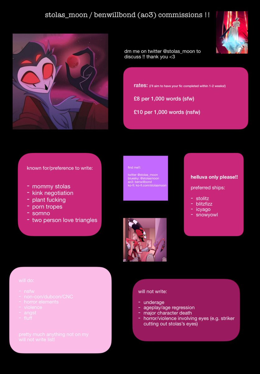 stolas_moon's tweet image. 🏳️🌈🩷 pinned 🩷🏳️🌈
ao3: archiveofourown.org/users/benwillb…
ko-fi: ko-fi.com/stolasmoon
strawpage: stolasmoon.straw.page
bluesky: stolasmoon.bsky.social
dm to discuss writing comms!!