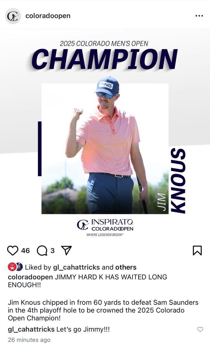 The playoff at the <a href="/ColoradoOpen/">Colorado Open</a> went four holes and it was between two guys with full time jobs. 

Non-iced tea Sam Saunders, assistant coach at New Mexico and Jimmy Hard K Knous. Engineer at Ping 

On the 4th playoff hole <a href="/JimmyHardK/">Jim Knous</a> pitched in for eagle from 60 yards. Pretty