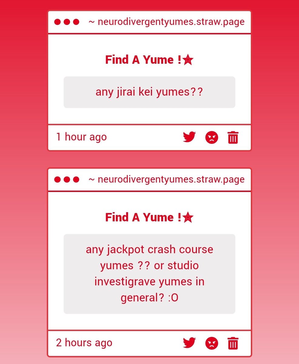 neurodivyume's tweet image. Find A Yume ✧
1. AOT
2. Jirai Kei yumes
3. Jackpot Crash Course
4. Studio Investigrave