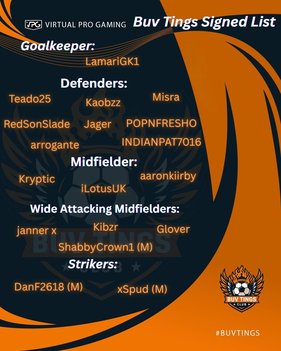 We proudly announce the full Buv Tings roster for the upcoming summer season, featuring new and returning players. We're ready for a higher league with more advanced football.

Watch this page for Twitch links to live games. Lineup coming soon!

#VPG #BuvTings #UpTheBuv