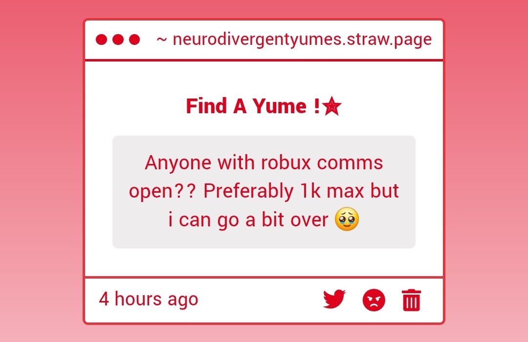 neurodivyume's tweet image. C0mms Search ✧
" Anyone with rbx c0mms open?? Preferably 1k max but i can go a bit over 🥹 "