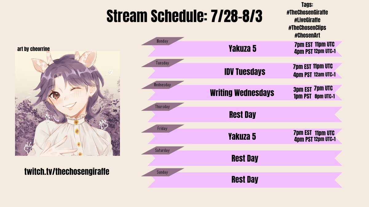 chosengiraffe's tweet image. Stream schedule!! Same as last week >:3
#TheChosenGiraffe
⏺️: #LiveGiraffe
🎥: #TheChosenClips
🎨:#ChosenArt