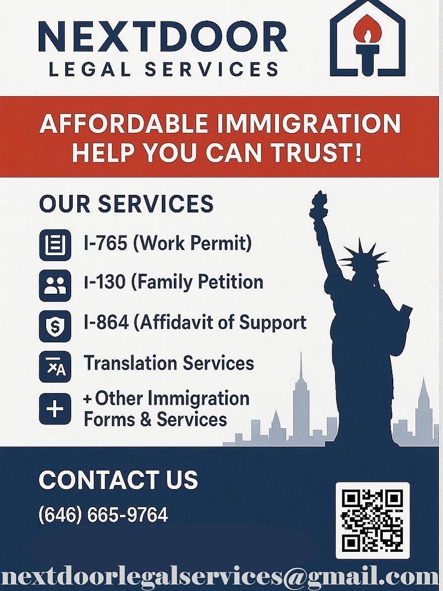 SHBCLOU's tweet image. Need help with immigration paperwork? 📄🇺🇸
Work permits, family petitions, translations & more — fast, reliable, and affordable!
📲 (646) 665-9764
📧 nextdoorlegalservices@gmail.com
#ImmigrationHelp #WorkPermit #LegalAid #USCIS #TranslationServices #DACA #GreenCardHelp #I130…