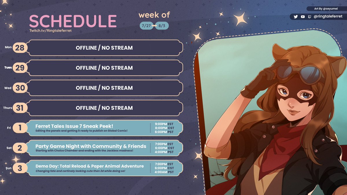 ringtaleferret's tweet image. Schedule for next week is up.
No stream Tuesday. It's going to be exhaustingly hot and I've been feeling under the weather. Going to let myself rest.
Friday we get back into action at Global Comix and edit the panels for Issue 7. Want a sneak peek before it releases Aug 6th?…