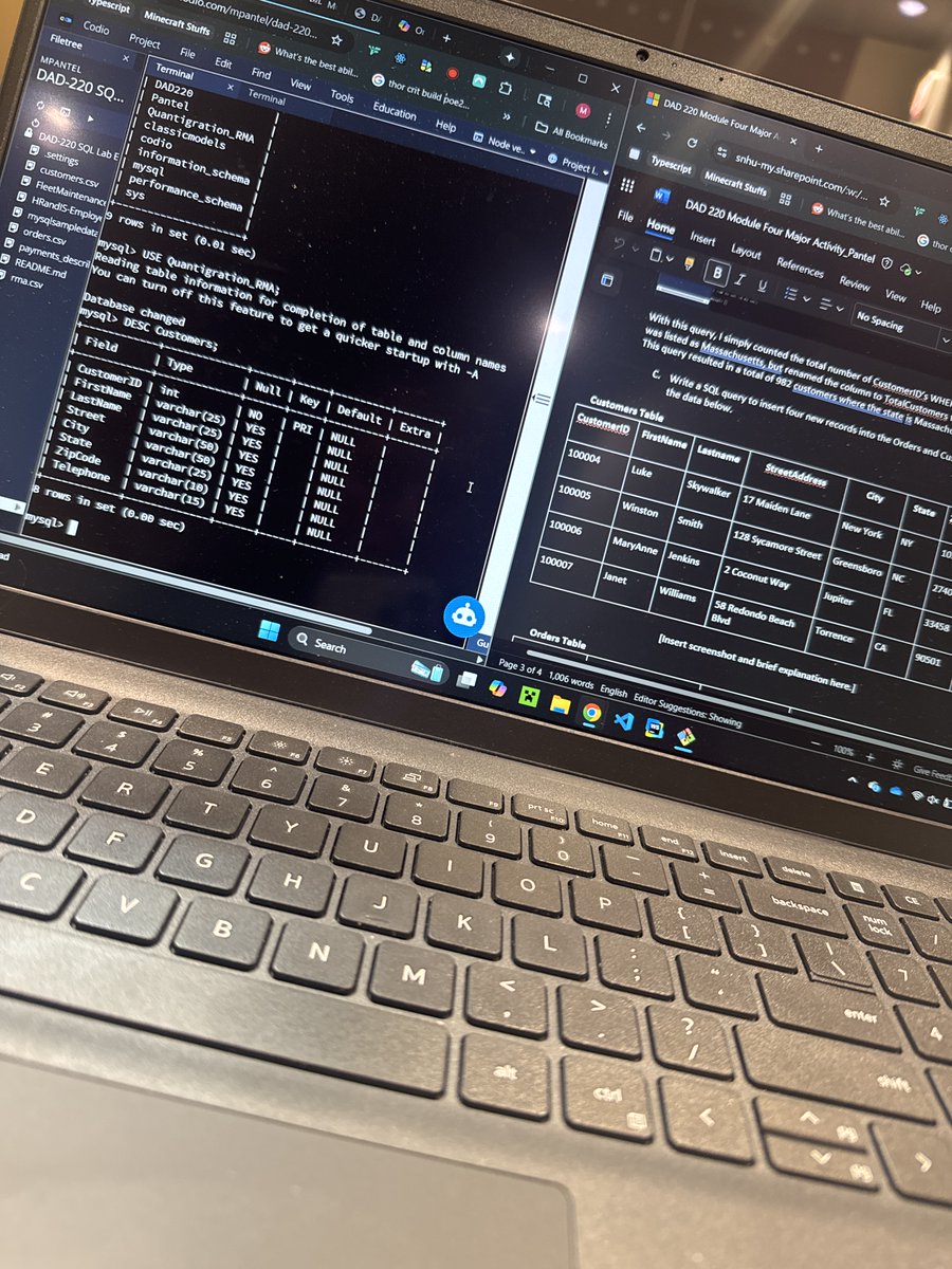 TypeErrorDev's tweet image. Just a lil Database assignments during my lunch at work…