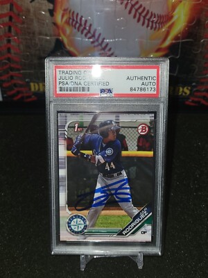 nothingbutcard's tweet image. 2019 Bowman Julio Rodriguez Auto 1st PSA Authenitc ON-CARD AUTO #ad #thehobby cardpromoter.com/2025/07/27/bas…