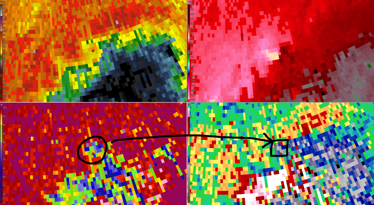 Just scouted this unwarned tornado near Corinth, VA on Ryan's stream. Circled is lowered correlation coefficient values, squared are lower differential reflectivity values showing debris likely present