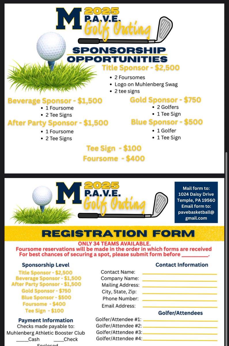 🏌️‍♂️ Muhlenberg Boys Basketball Golf Outing ⛳️Join us for a great day of golf, food, and fun all in support of our student-athletes!
💥 Food, prizes, raffles &amp; more
🎯 Sponsorship opportunities available! 
Click the link below to register! 

docs.google.com/forms/d/13EIps…