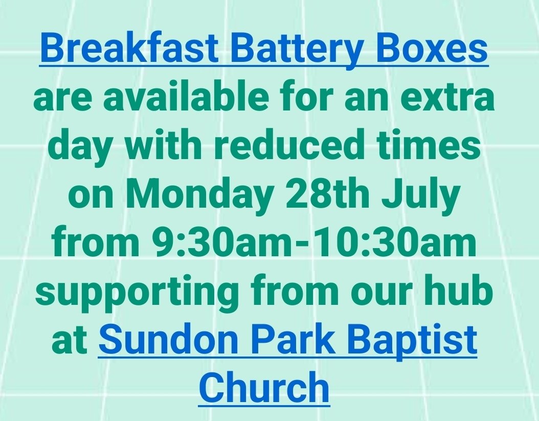 <a href="/NoToFoodPoverty/">Breakfast Battery Boxes</a> Breakfast Battery Boxes are available to help alleviate holiday hunger during Summer Holidays <a href="/HattersHealth/">Hatters Health PCN</a> <a href="/FoodFirstLuton/">Food First Luton</a> <a href="/lutoncouncil/">Luton Council</a> <a href="/LealandsHigh/">Lealands High School</a> <a href="/ParkleaSchool/">Parklea Primary School</a> <a href="/WauludPrimaryPE/">Waulud Primary School PE</a>