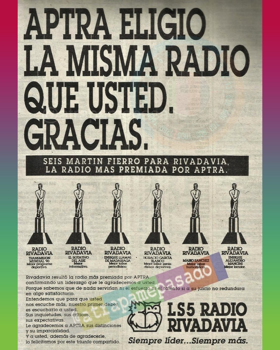 Rivadavia, la radio más premiada en los #MartínFierro 1990.
Mario Sánchez y Llamas de Madariaga por "Rapidísimo".
Enrique A. Mancini por "Rotativo de la tarde".
García Blanco, mejor periodista deportivo.
Cobertura #Italia90.
"Rotativo del aire", mejor informativo.
#Hace35Años 📻