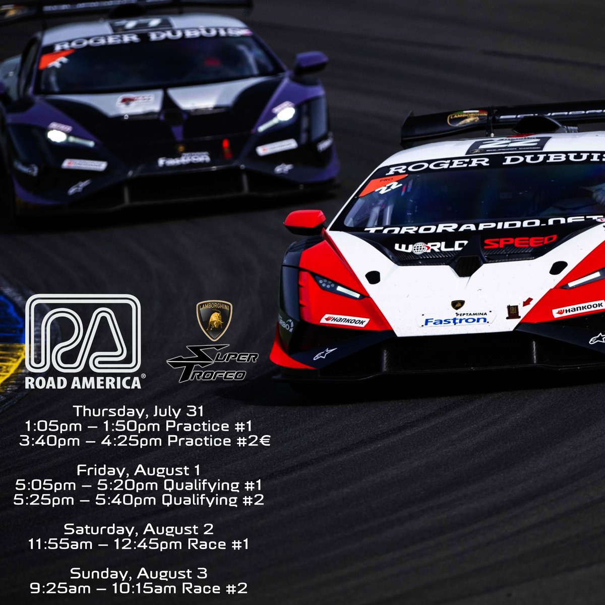 This week we're at Road America with the #22 Graham Prewett Lamborghini driven by Scott Huffaker and Jaden Conwright. 

Season so far?
Florida 🏆 ✅
California 🏆 ✅
New York 🏆 ✅
Wisconsin we need your trophies too.

Complete details here: conta.cc/45nY24k