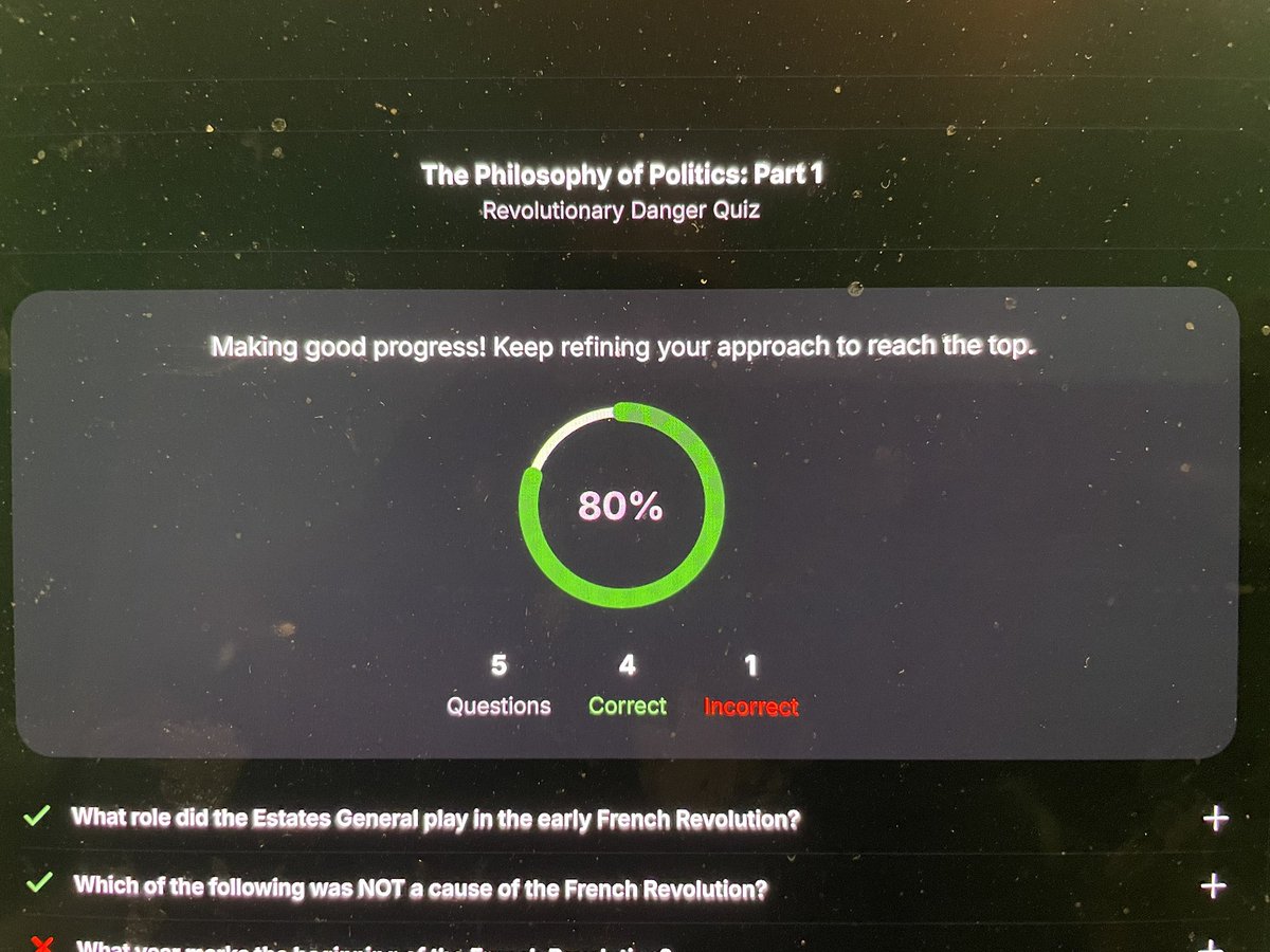 FredsDaily's tweet image. 6p Taking my first lecture quiz on @SRCHicks’s @PetersonAcademy’s “The Philosophy of Politics Part 1: Revolutionary Danger.” Scored an 80%.