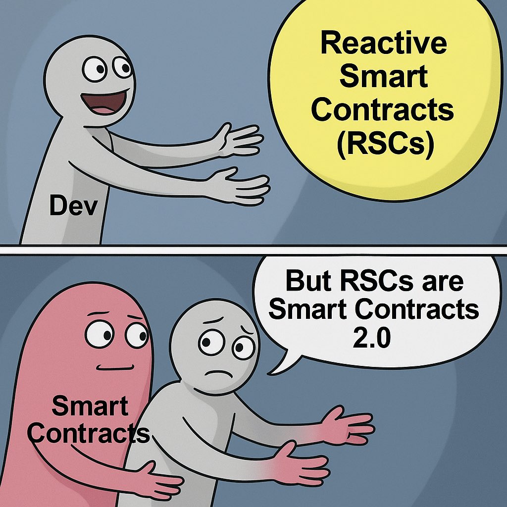 Garcia_Capital's tweet image. To all the new $REACT holders 👋

Remember: Reactive Smart Contracts (RSCs) don’t compete with traditional smart contracts — they upgrade them.

RSCs let smart contracts:
⚡ React in real-time
🌐 Work across chains
🤖 Automate without bots

Smart Contracts 2.0 is here. Welcome to…