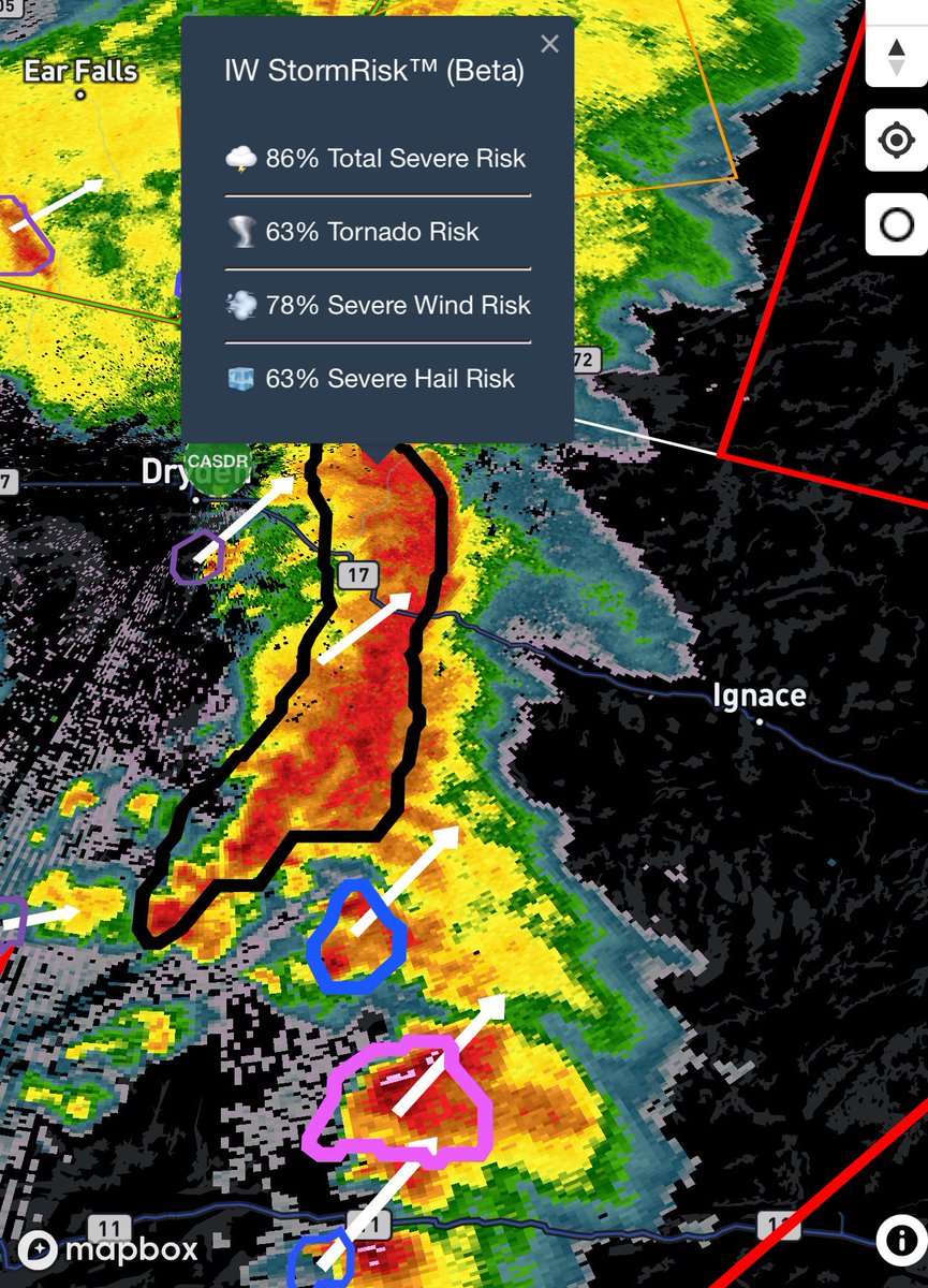 IWeatherON's tweet image. #ONStorm #ONwx Quite the beast of a storm in Northwestern Ontario this evening - just east of Dryden now heading towards Ignace.

Environment Canada has tornado warnings in effect.

Don’t think I’ve ever seen an IW StormRisk that high before! 63% tornado risk is just completely…