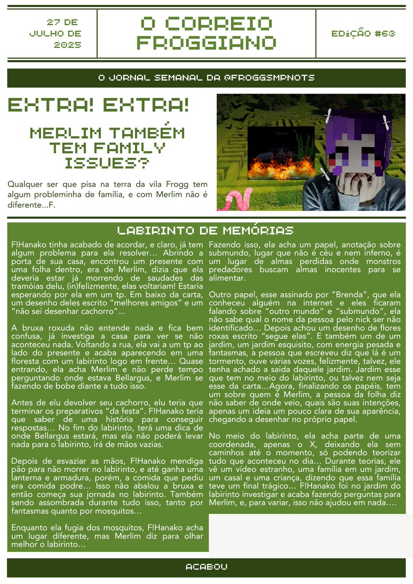 froggsmpnots's tweet image. 🗞️| O CORREIO FROGGIANO
JORNAL SEMANAL - TODO DOMINGO
#FSMP #FROGGSMP