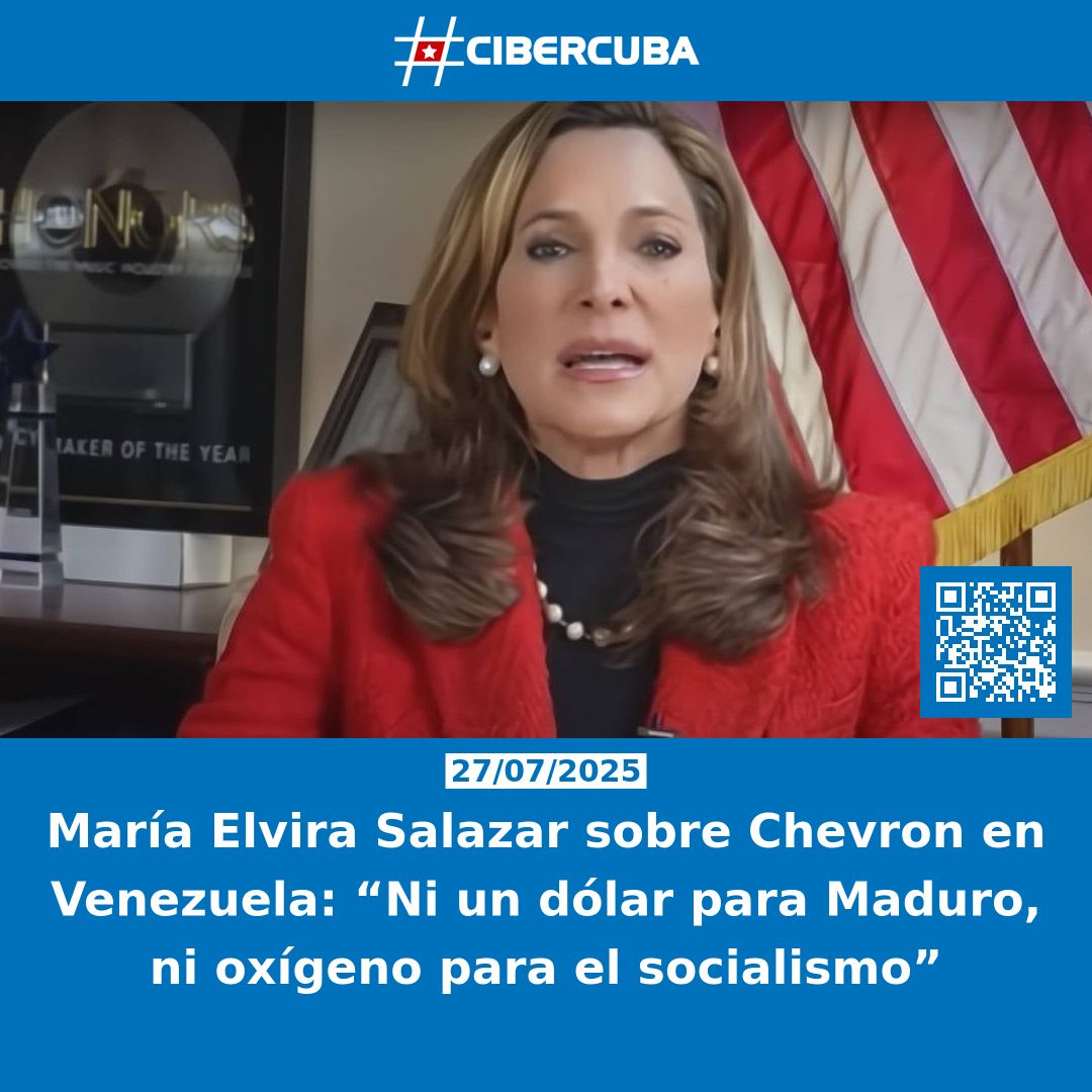 CiberCuba's tweet image. María Elvira Salazar sobre Chevron en Venezuela: “Ni un dólar para Maduro, ni oxígeno para el socialismo”
Leer más: shrlnk.org/noticias/2025-…
