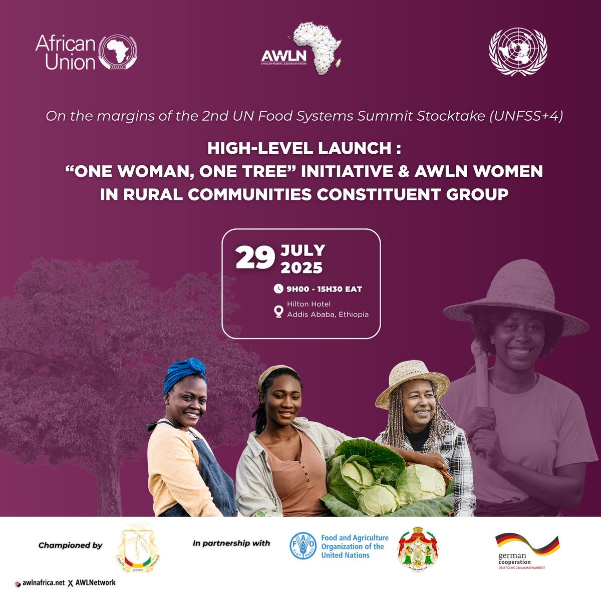 AWLNetwork's tweet image. 🌿 On the margins of #UNFSS4, join us for the High-Level Launch of the "One Woman, One Tree" initiative & the AWLN Women in Rural Communities Constituent Group.
Women in rural Africa are the backbone of our food systems, yet they face persistent barriers.
How can we strengthen…