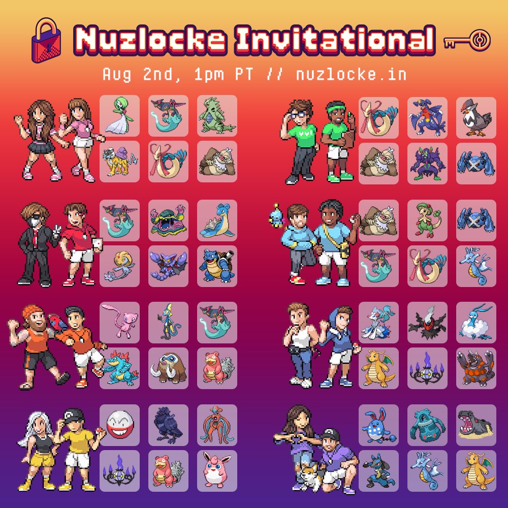 Everyone has beaten their Nuzlockes, now onto the tournament in Los Angeles! See you August 2nd for the competition :) 

all moves/abilities/items are on the website for you to look, as well as edited playthroughs and recaps of each run coming this week. Can’t wait!!