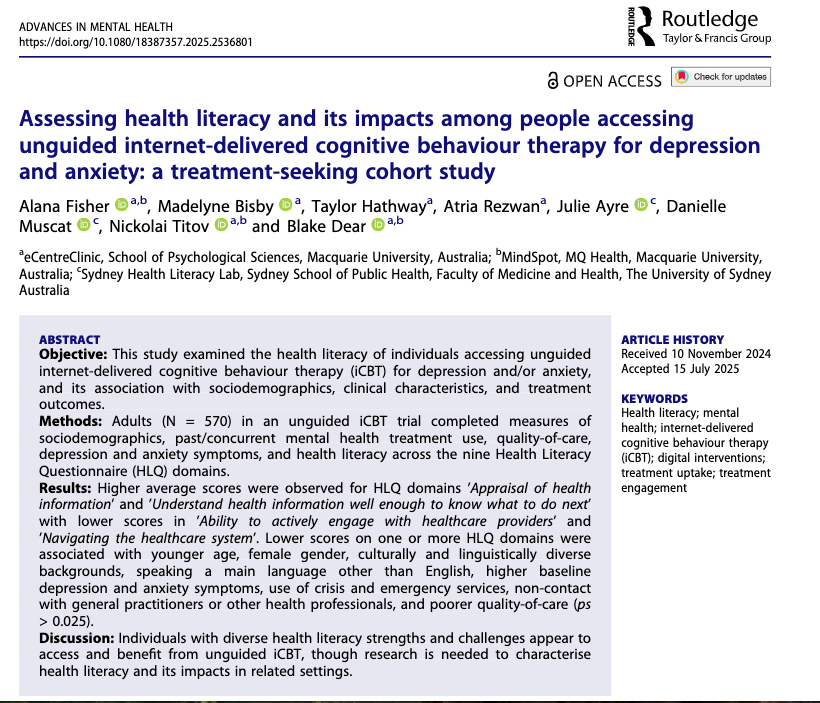 eCentreClinic (@ecentreclinic1) on Twitter photo IN PRESS | <a href="/DrAlanaFisher/">Alana Fisher, PhD</a> et al's paper on #healthliteracy of ppl using unguided #iCBT for #depression/#anxiety.
Despite diverse literacy challenges - esp. in often underserved groups - users engaged & benefited.
👉 doi.org/10.1080/183873…
<a href="/PsyMQ/">PSYCHSCIENCES@MQ</a>
<a href="/Lifespan_MQ/">Lifespan Health & Wellbeing Research Centre</a>
<a href="/HealthLitLab/">Sydney Health Literacy Lab</a> IN PRESS | <a href="/DrAlanaFisher/">Alana Fisher, PhD</a> et al's paper on #healthliteracy of ppl using unguided #iCBT for #depression/#anxiety.
Despite diverse literacy challenges - esp. in often underserved groups - users engaged & benefited.
👉 doi.org/10.1080/183873…
<a href="/PsyMQ/">PSYCHSCIENCES@MQ</a>
<a href="/Lifespan_MQ/">Lifespan Health & Wellbeing Research Centre</a>
<a href="/HealthLitLab/">Sydney Health Literacy Lab</a>