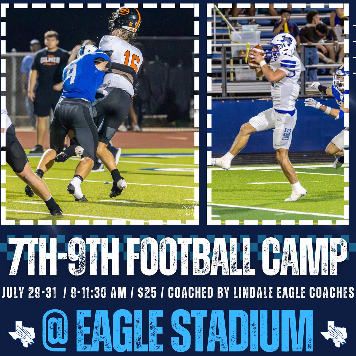 Lindale_FB's tweet image. Due to maintenance at the indoor facility, camp has been moved to Eagle Stadium! Excited to get on the turf and coach some ball! #TPW @Coach_Cochran @Joel_Rinlee @tswoopes18 @lindsylou112688