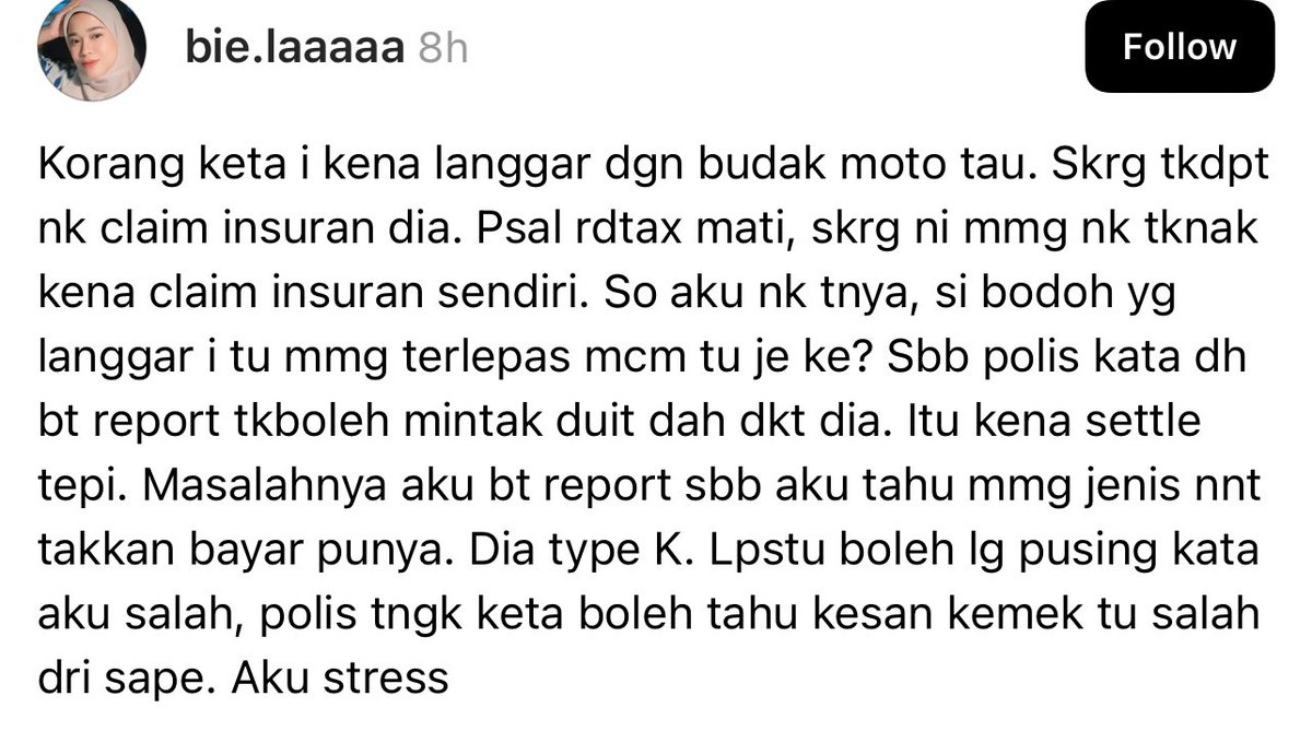 norazambudin's tweet photo. Tolak tepi bab owner post mention bangsa.

Tp nak ambil point pasal kes org langgar tp kenderaan yg melanggar dia tak ada insurance. For the first time, sy dengar ada org bg solution yg bagus https://t.co/4c52P8KYlJ