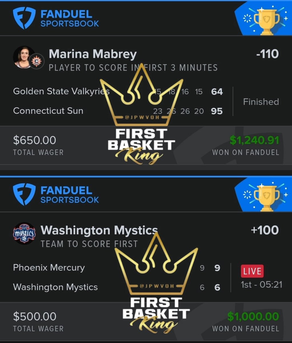 BTBSupport's tweet image. Massive day in WNBA for @JPWVOH 👑 

-110✅
+100✅
+118✅
+122✅
+126✅
+146✅
+150✅
+550✅
+850✅

$4,387 👉 $13,993 💰💰 

2 First Baskets/5-0 in First Min Plays/Mabrey First 3 Mins/Mystics to score First

The King is officially COOKING 🔥🔥 

🔗 Whop.com/Beat-the-Books