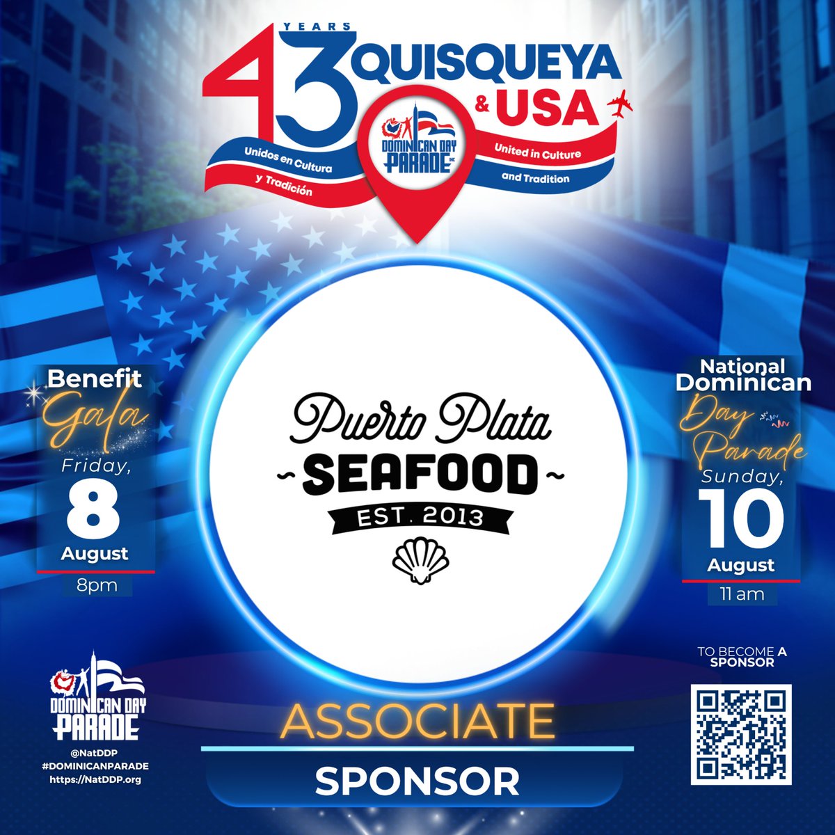 🇩🇴Quisqueya &amp; 🇺🇸USA: United in Culture and Tradition
Thanks to our Associate Sponsor ! 💙
🎉 43rd #DominicanDayParade
🗓 Aug 8: Gala | 📍Greentree
🗓 Aug 10: Parade | 📍6th Ave, NYC
Follow <a href="/NatDDP/">National Dominican Day Parade</a>

Support us—every donation counts! 🙌
#NatDDP #DRParade #QuisqueyaAndUSA