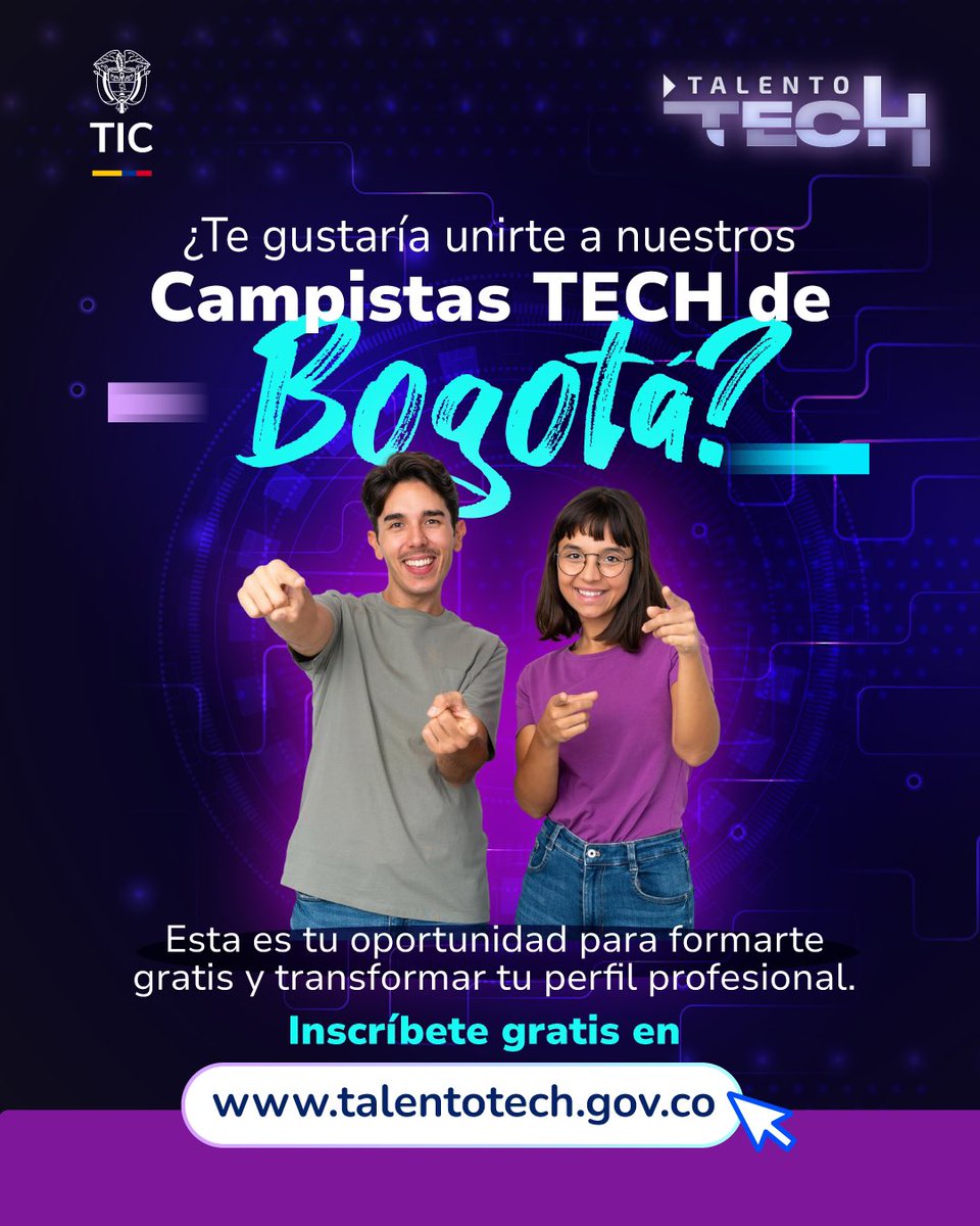 Miles de personas en Bogotá ya dieron el paso. Hoy tú puedes ser el siguiente #CampistaTECH. 

Elige el bootcamp y certifícate con #TalentoTECH para fortalecer tu perfil con formación gratuita en áreas clave del mundo digital. 

📲 talentotech.gov.co.