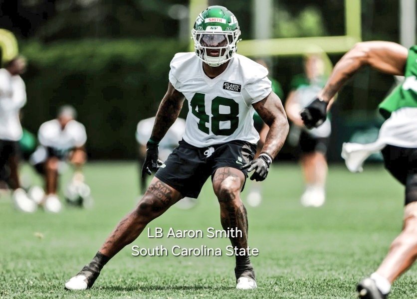 Aaron Smith (LB) from South Carolina State during New York Jets training camp practice 
Thx-Jets
