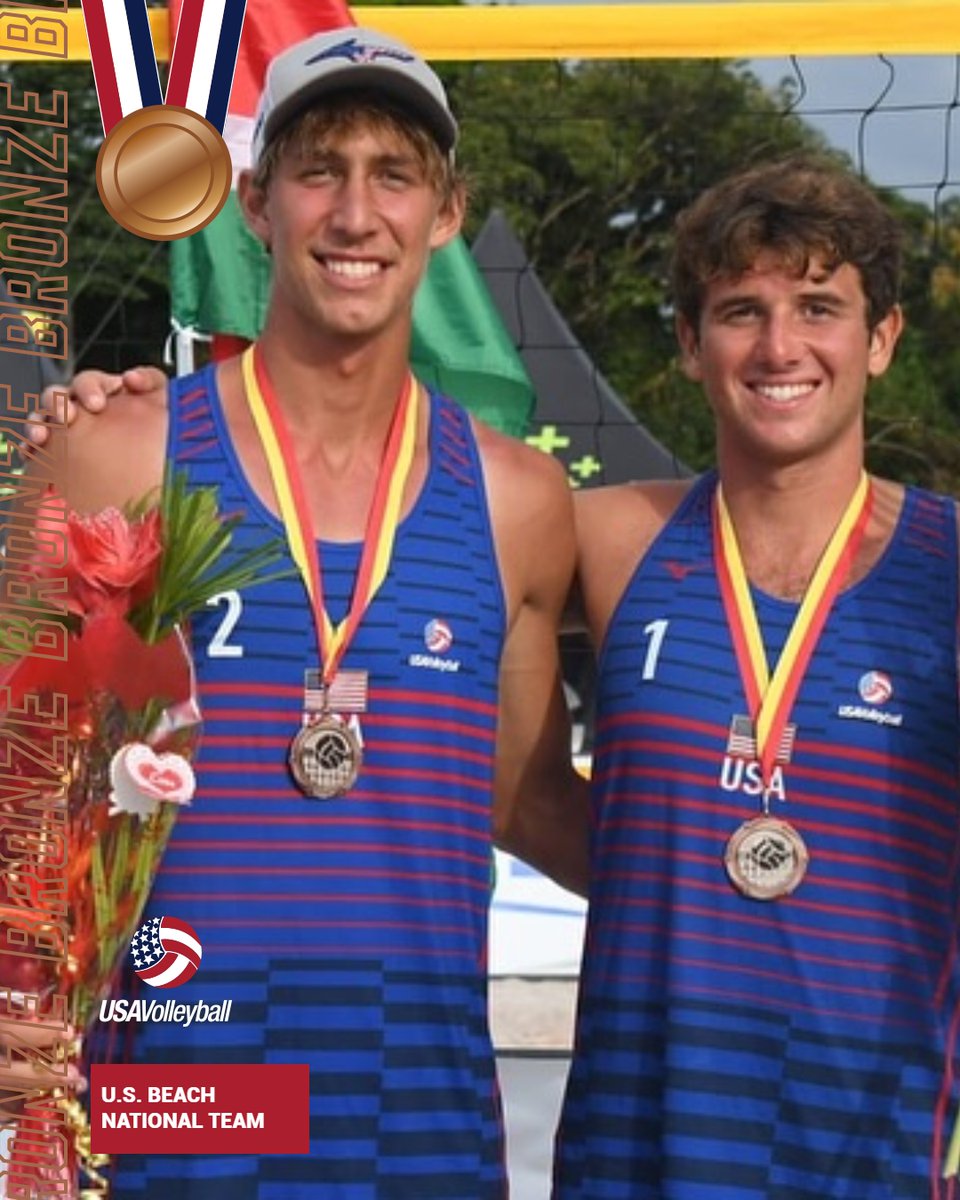 USAVBeach's tweet image. One of each in Suriname!
U.S. beach athletes picked up gold, silver and bronze at the NORCECA Beach Tour in Suriname. Taylor Crabb/Trevor Crabb won gold in men's, and Zephyr Dew/Derek Bradford took bronze.
On the women's side, Piper Ferch and Erin Inskeep captured silver!