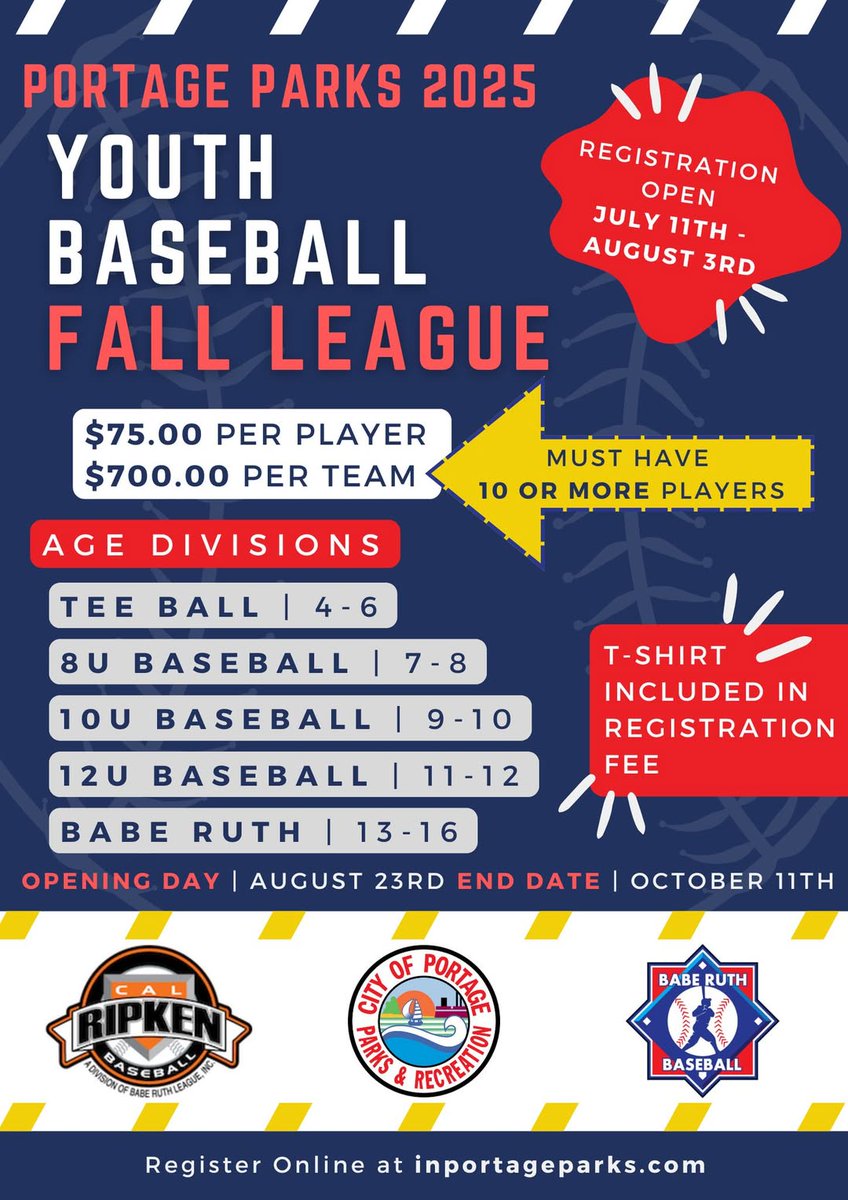 PortageLife's tweet image. ⚾ Fall ball is almost back! 🌟 Registration for Portage Parks 2025 Youth Baseball Fall League is OPEN now through August 3. Grab your team, sign up, and make this season a home run! 🧢🙌 
Image Credit: @PortageParks