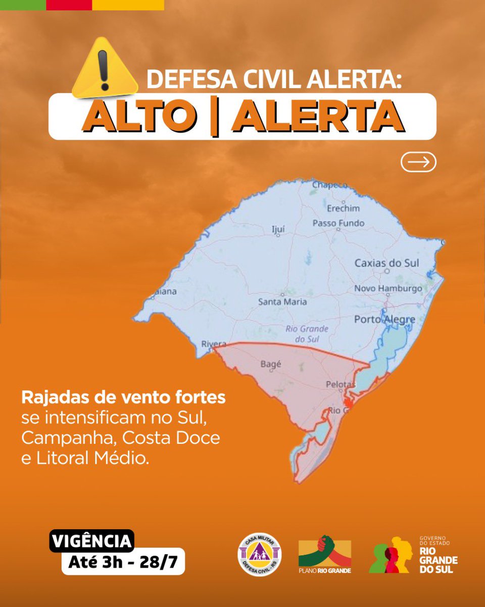 DefesaCivilRS's tweet image. Rajadas de vento fortes se intensificam no Sul, Campanha, Costa Doce e Litoral Médio. Risco ALTO de queda de árvores e energia. Válido até 3h do dia 28 de julho. Evite áreas de risco. Emergência ligue 190/193.