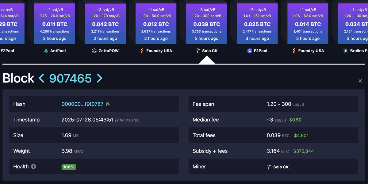 🚨 BREAKING: 🔥 Notizia incredibile: un miner solitario ha estratto un blocco Bitcoin, guadagnando 3.164 $BTC del valore di oltre 375.000 dollari!