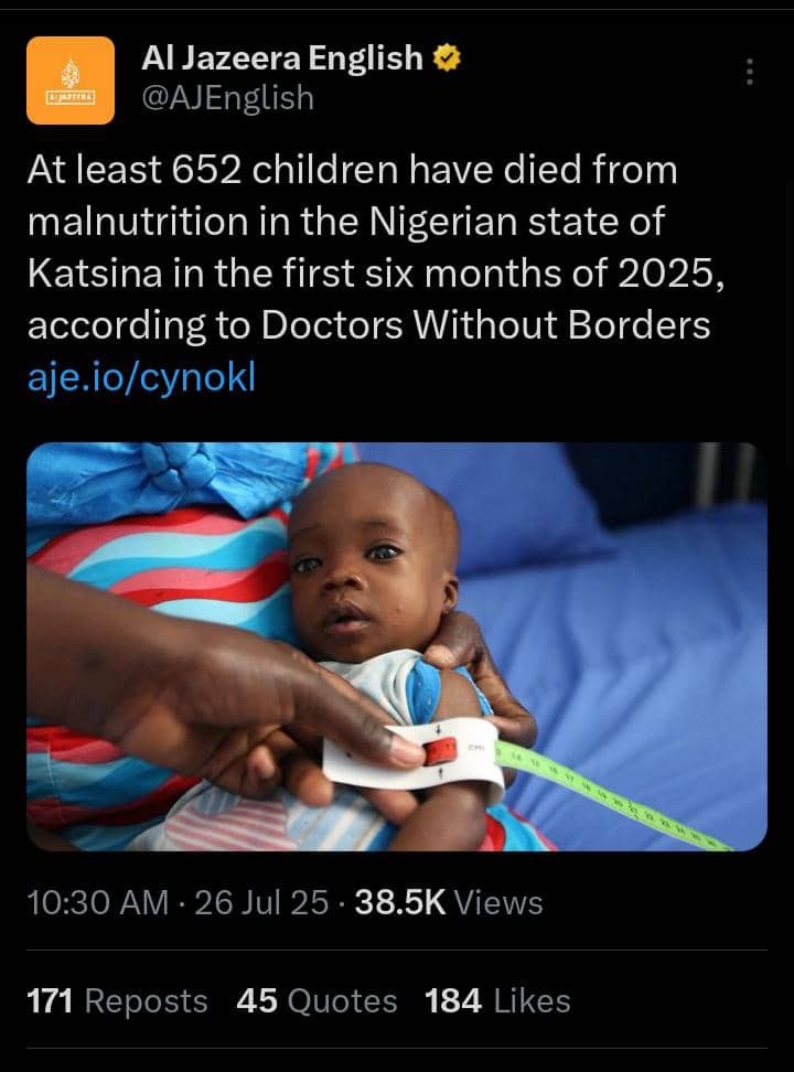 Yantumakii's tweet image. Malnutrition is a consequence of inadequate food intake.

Inadequate food intake stems from lack of enough food.

Lack of enough food means farmers are not cultivating food enough to sustain them.

Insecurity is big factor that is preventing farmers from tilling their lands.