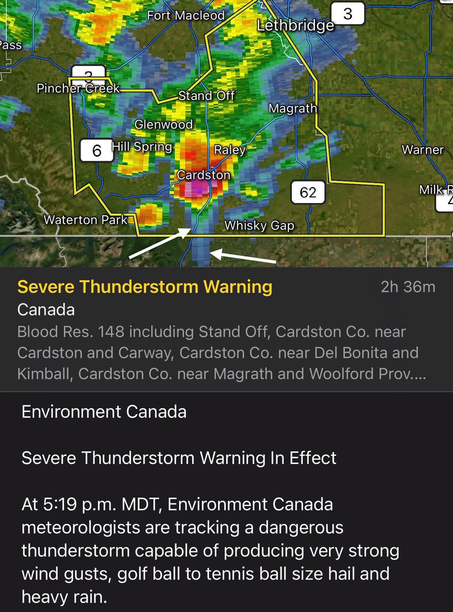 RyanVoutilainen's tweet image. Areas around Cardston, AB being “served“ up to tennis ball size hail as severe thunderstorms push east. The TBSS (three body scatter spike) indicative of lots or large hail evident on radar. 🎾 

CASSM - Super-Res Reflectivity 1 16:35 #ABStorm #ABwx