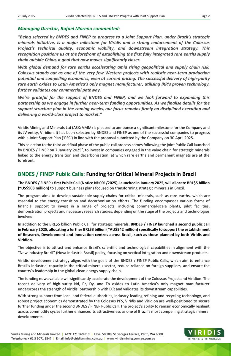 Viridis Mining and Minerals $VMM pleased to announce “ Viridis  and Ionic Rare Earths - JV Company Viridion Selected by BNDES/FINEP to Progress with Joint Support Plan - Financial Backing from the Brazilian Government’s US$903M Funding Package to Accelerate Path to Production for