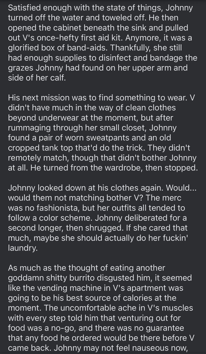 A little something I wrote for Johnny and my V!

When V passes out from a Relic malfunction, he picks her up and takes her home, doing for her what she can't do for herself. 1/2