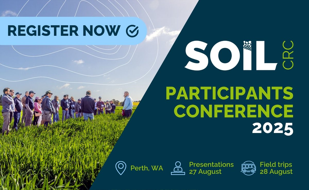 SoilCRC's tweet image. 📅 Join us in Perth for our penultimate Soil CRC conference on 27 & 28 August. Register now to learn more about the latest soil research and innovation and what it means for the future of agriculture: soilcrc.com.au/events/
#soilresearch #soilcrc2025 #soilscience #ausag