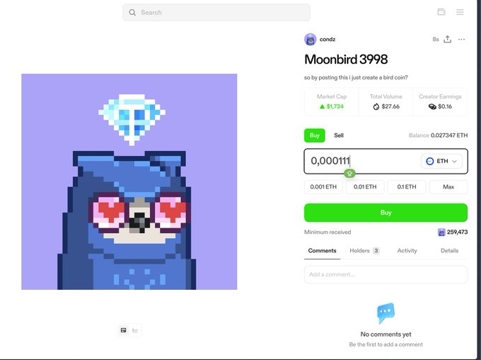 Moonbird 3998 NFT在Zora上的市值为$1,734