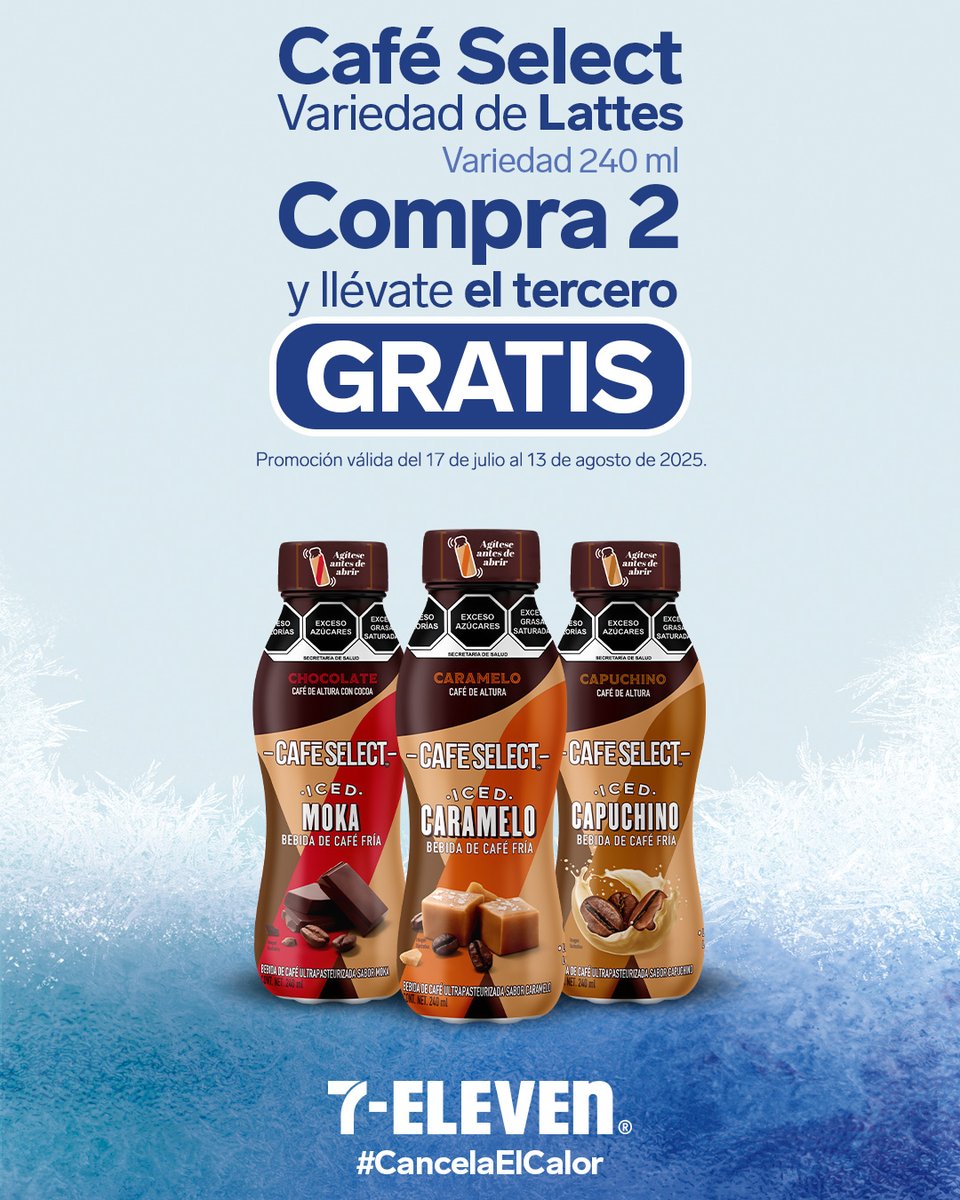 7ElevenMexico's tweet image. Si te latte cancelar el calor, hazlo con el 3×2 en Iced de Café Select ❄️☕️ y cuéntanos cuál es tu sabor favorito.