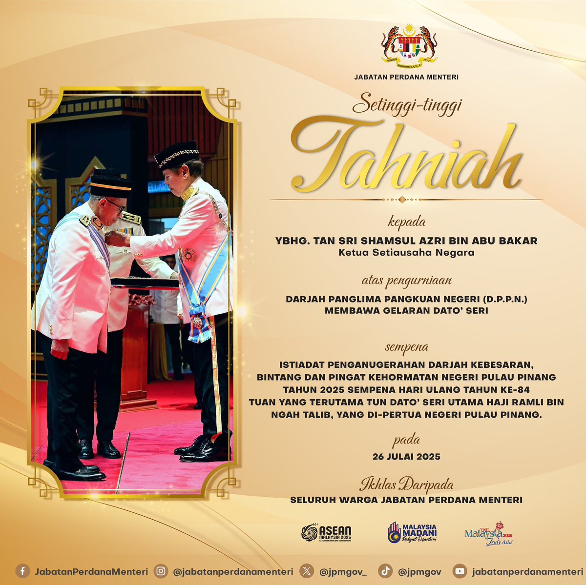 𝐒𝐘𝐀𝐁𝐀𝐒 𝐃𝐀𝐍 𝐓𝐀𝐇𝐍𝐈𝐀𝐇 𝐊𝐄𝐏𝐀𝐃𝐀 𝐊𝐄𝐓𝐔𝐀 𝐒𝐄𝐓𝐈𝐀𝐔𝐒𝐀𝐇𝐀 𝐍𝐄𝐆𝐀𝐑𝐀 𝐀𝐓𝐀𝐒 𝐏𝐄𝐍𝐆𝐔𝐑𝐍𝐈𝐀𝐀𝐍 𝐃𝐀𝐑𝐉𝐀𝐇 𝐏𝐀𝐍𝐆𝐋𝐈𝐌𝐀 𝐏𝐀𝐍𝐆𝐊𝐔𝐀𝐍 𝐍𝐄𝐆𝐄𝐑𝐈 (𝐃.𝐏.𝐏.𝐍.) 𝐌𝐄𝐌𝐁𝐀𝐖𝐀 𝐆𝐄𝐋𝐀𝐑𝐀𝐍 𝐃𝐀𝐓𝐎’ 𝐒𝐄𝐑𝐈

Setinggi-tinggi Tahniah