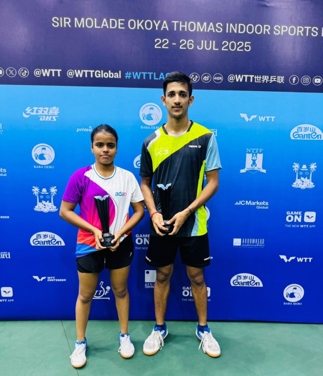 Serve. Strike. Shine.🏓
Congratulations to Akash Pal for winning the Men’s Doubles title and Akash Pal and Poymantee Baisya for finishing Runner-Up in Mixed Doubles at the WTT Contender Lagos 2025, held from 22-26th July in Nigeria.
Both are proud members of the Railway family.