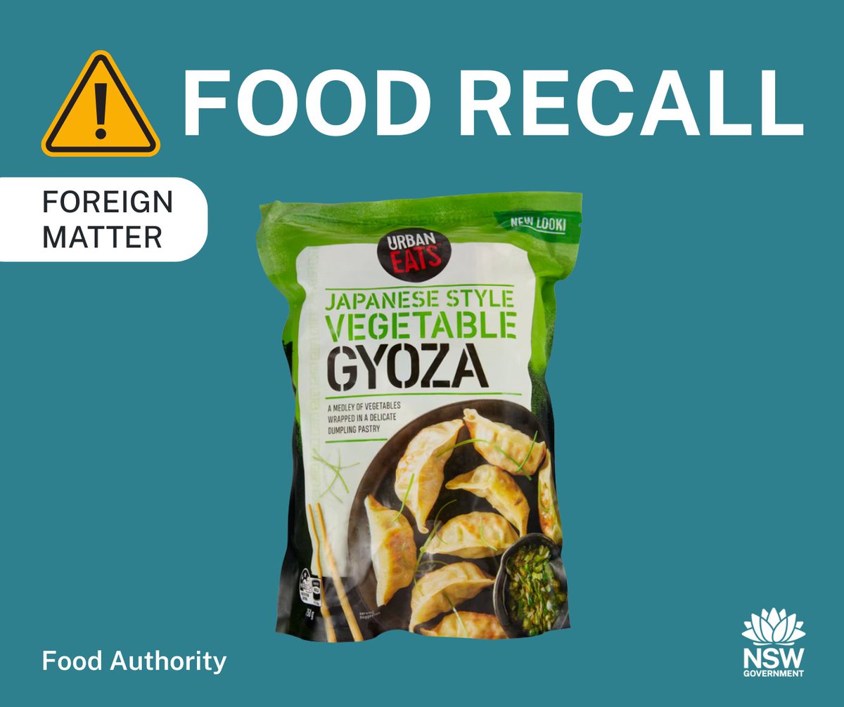 #Recall: ALDI Stores is recalling Urban Eats Japanese Style Vegetable Gyoza 750g due to foreign matter (glass). BEST BEFORE 27.03.2027. Sold in ALDI Stores NSW, ACT, QLD, VIC, SA and WA. See: foodauthority.nsw.gov.au/news/recalls/u…