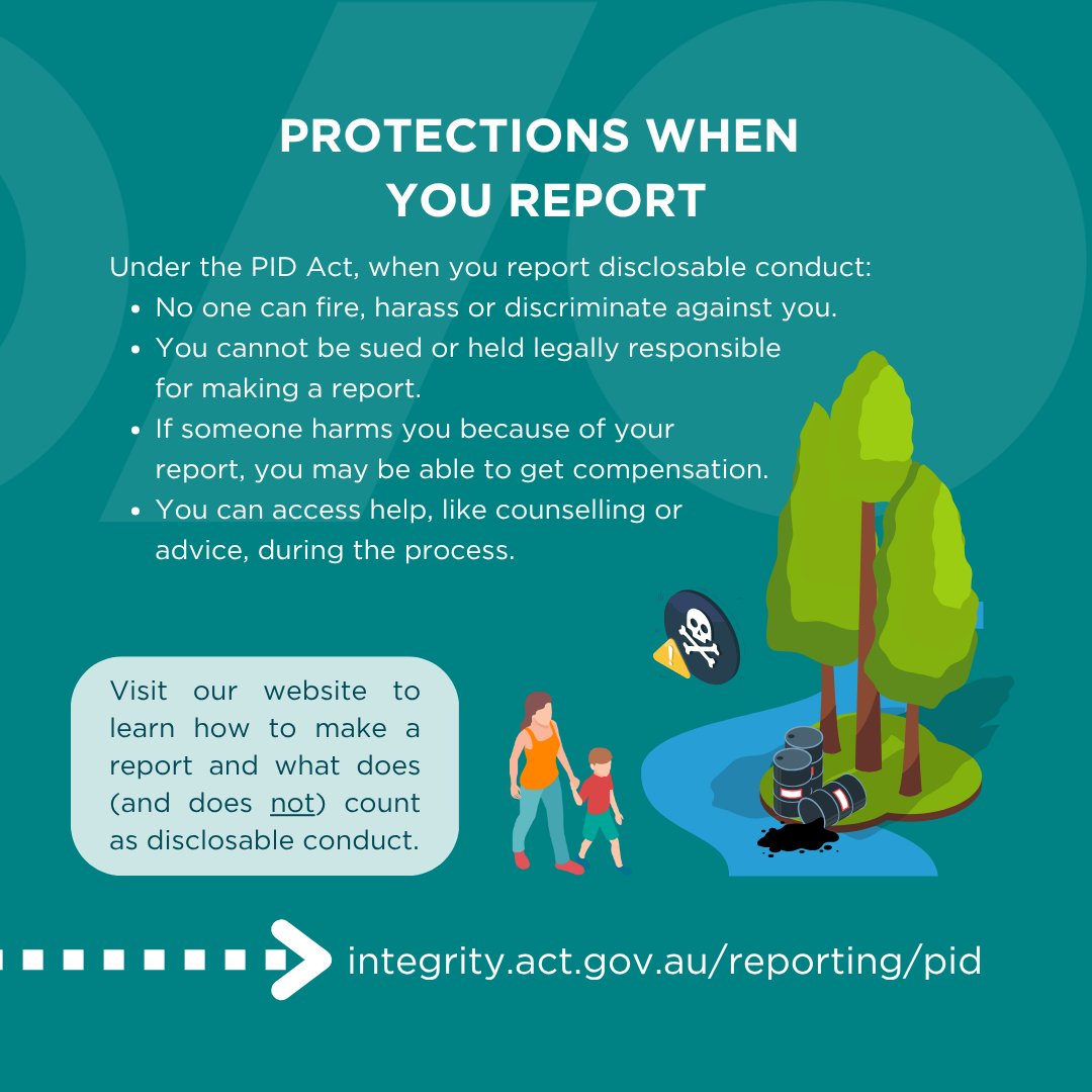 It’s Public Interest Disclosure Awareness Week (11-15 Aug) and here’s what you need to know about it 👇

Find out more about PIDs, Disclosure Officers and when/what to report via our website &gt; integrity.act.gov.au/reporting/pid