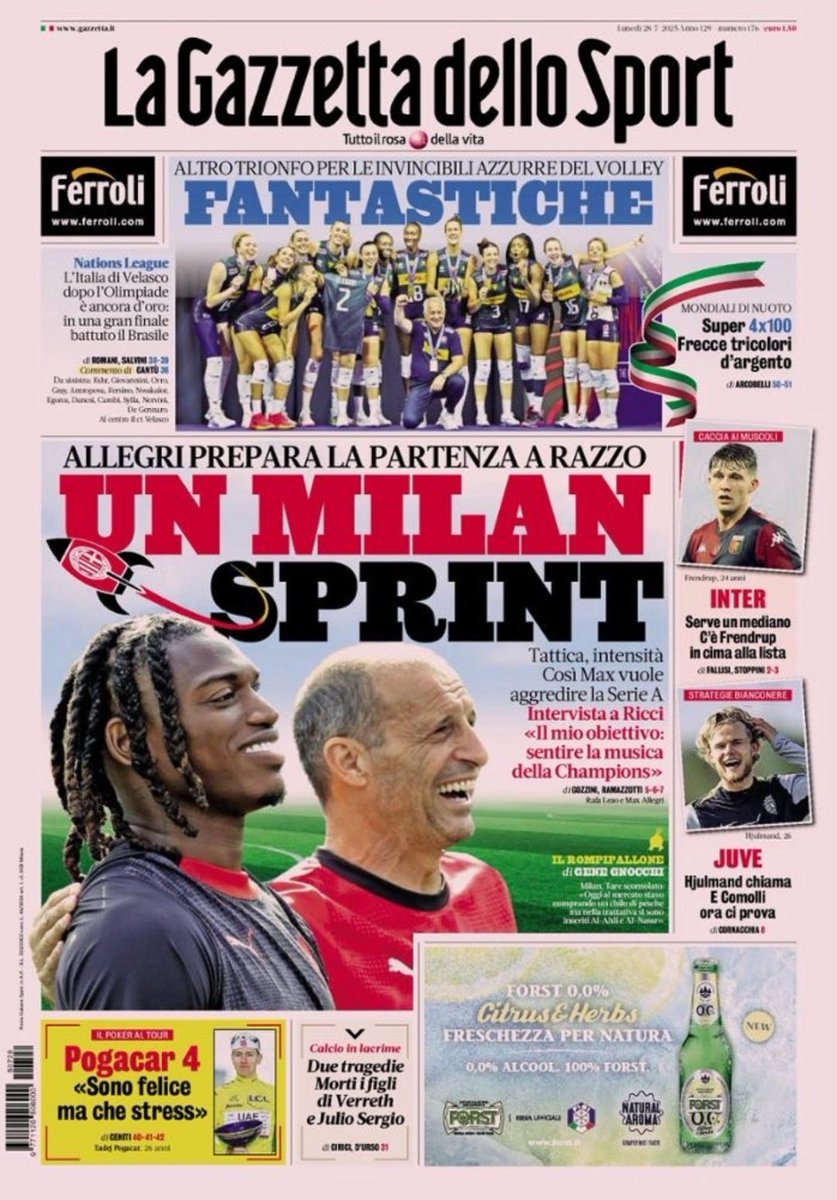 MutantFairy_'s tweet image. Per la 1° volta, da ❤️🖤, sono triste di vedere Allegri e Leao in prima pagina. Stiamo assistendo alla storia della pallavolo, una generazione imbattibile. Lo racconteremo ai nostri figli, probabilmente ci faranno film, documentari. La 1° pagina doveva essere TUTTA per le ragazze