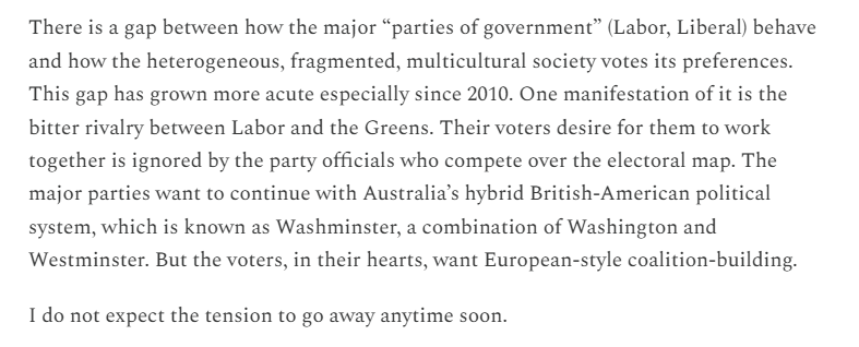 The Burning Archive (@archiveburning) on Twitter photo Intriguing discussion of Australia's bipartisan policy trap by <a href="/GrogsGamut/">Greg Jericho</a> and <a href="/boganintel/">Joel Jenkins</a> .
But I think 'bold' action in belief of a "Chifley mandate" would be a mistake
As I discussed in a rare piece on electoral politics.
jeffrich.substack.com/p/reflections-… Intriguing discussion of Australia's bipartisan policy trap by <a href="/GrogsGamut/">Greg Jericho</a> and <a href="/boganintel/">Joel Jenkins</a> .
But I think 'bold' action in belief of a "Chifley mandate" would be a mistake
As I discussed in a rare piece on electoral politics.
jeffrich.substack.com/p/reflections-…